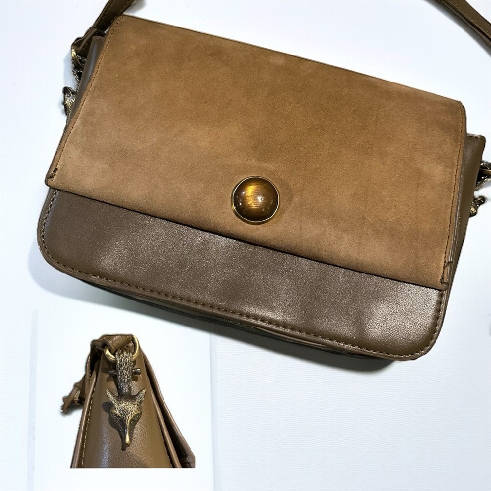 Zara Tan Taupe Faux Leather Wolf Crossbody Bag Purse FLAWS READ